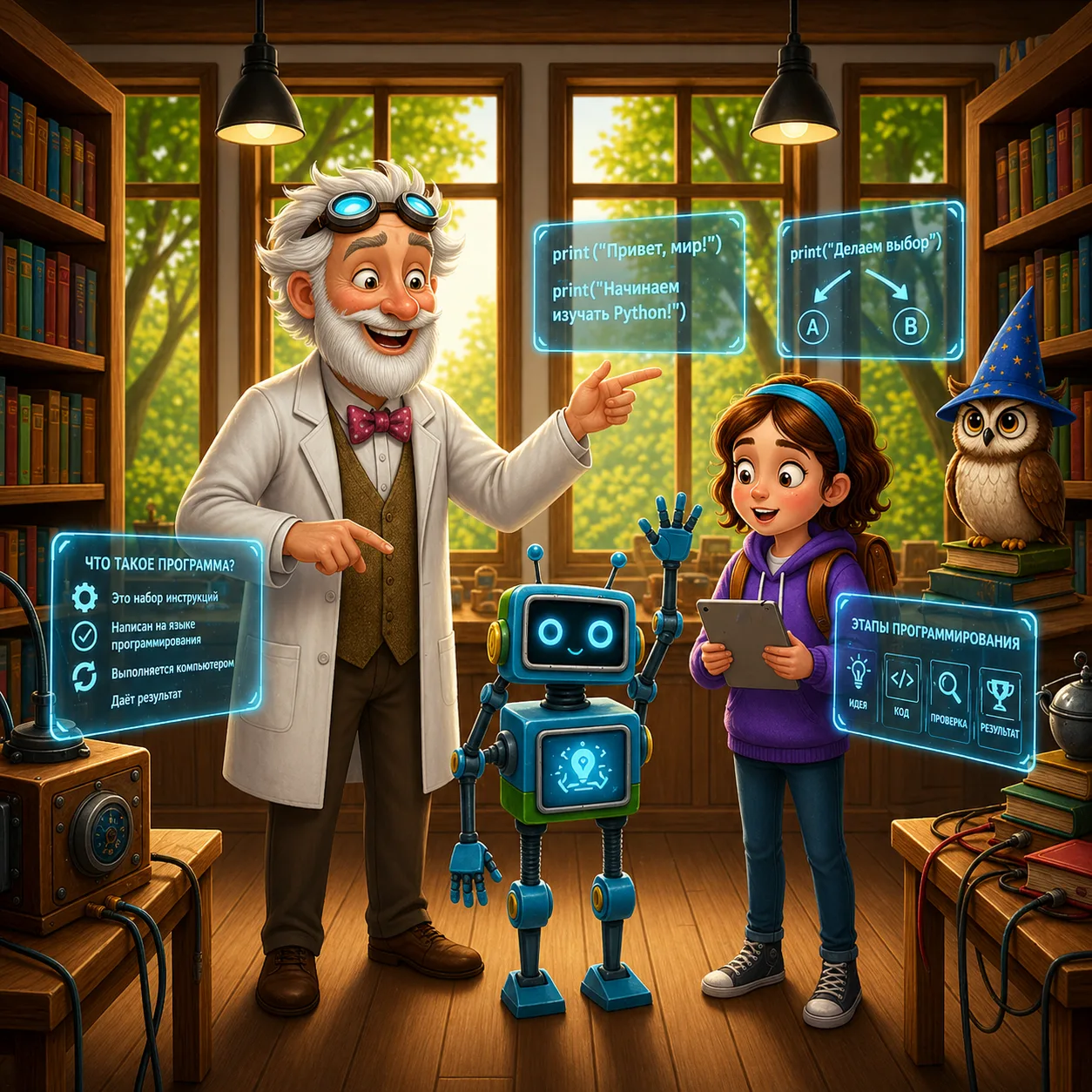 Alice, Professor Bit and Byte in the laboratory