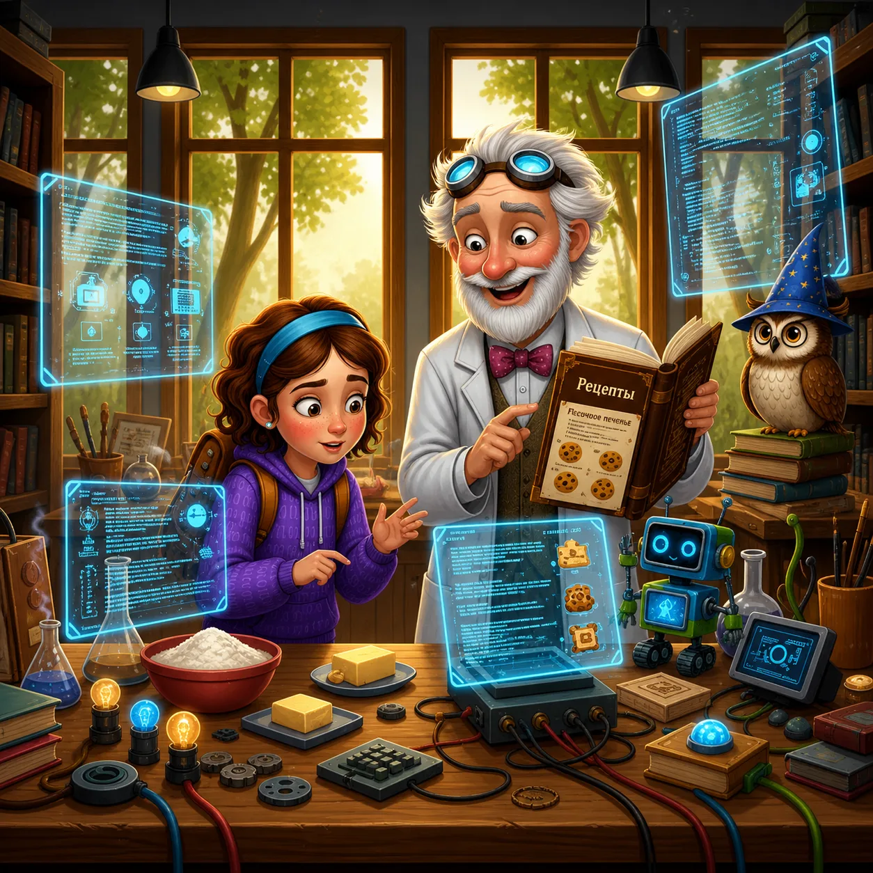 The Professor shows Alice a cookbook and cookie ingredients