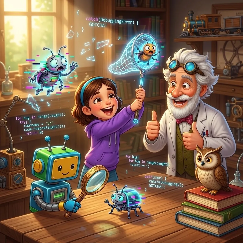 Debugging: Alice catches “bugs” in a net, Byte looks through a magnifying glass
