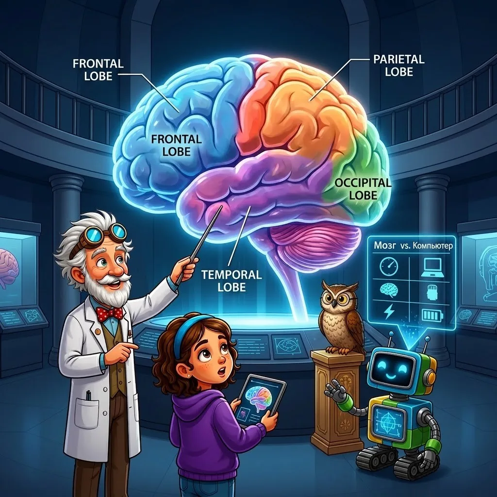 Museum: a brain hologram with lobes and a Brain vs. Computer comparison