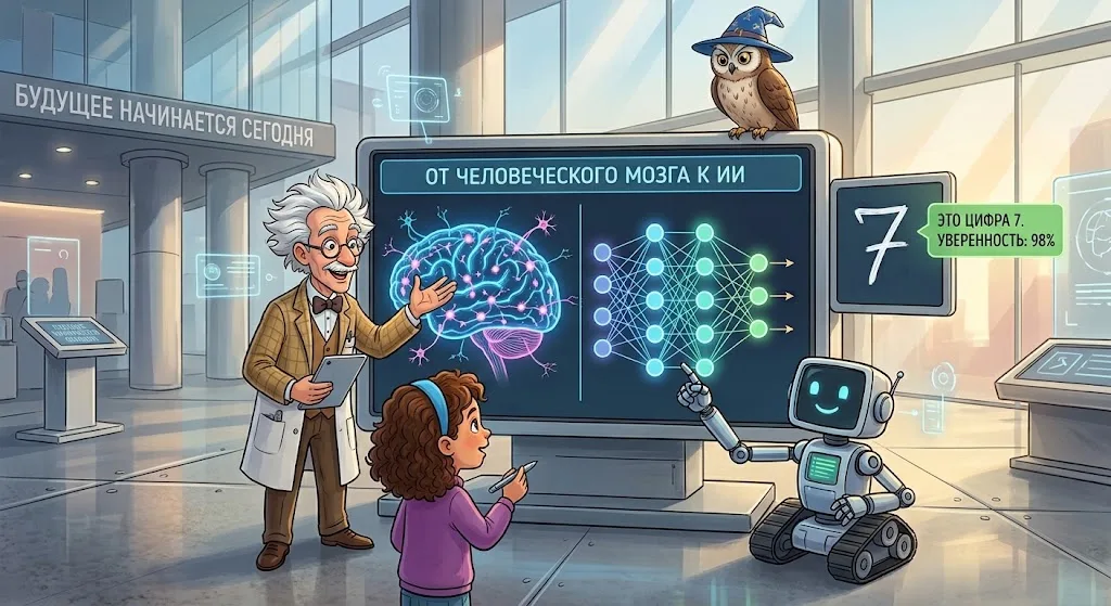 From the human brain to AI: a neural network recognizes the digit 7