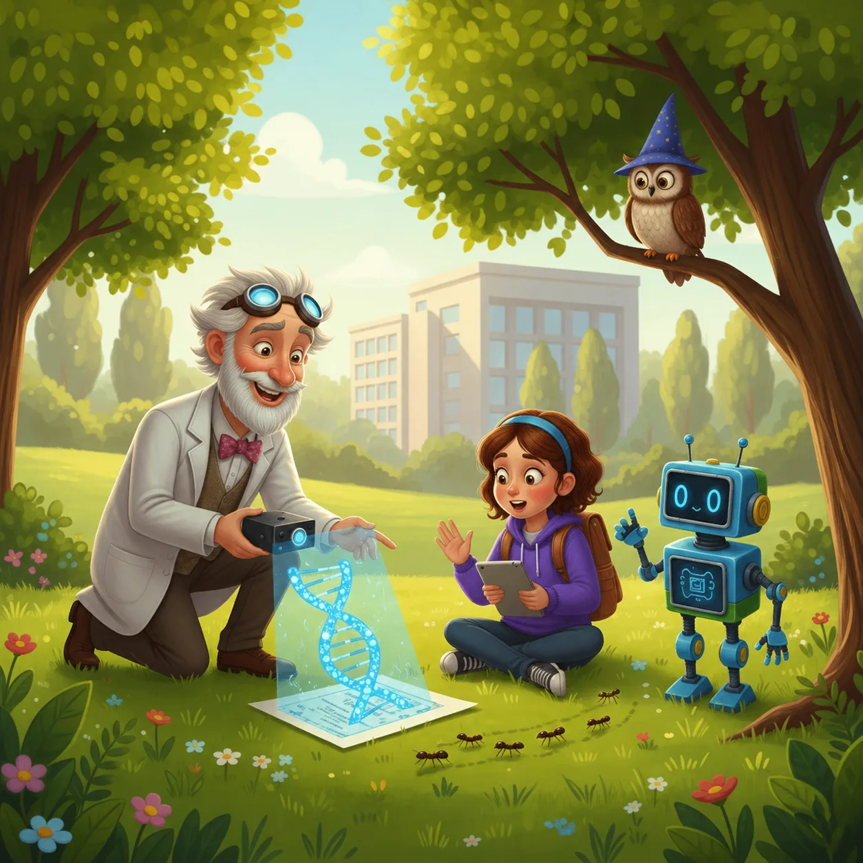 The Professor projects a DNA helix onto a sheet, with Alice, Byte and ants nearby