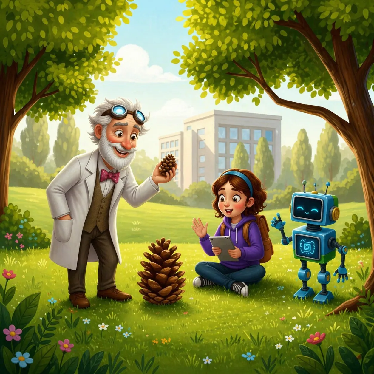 The Professor shows Alice a pine cone with a Fibonacci pattern
