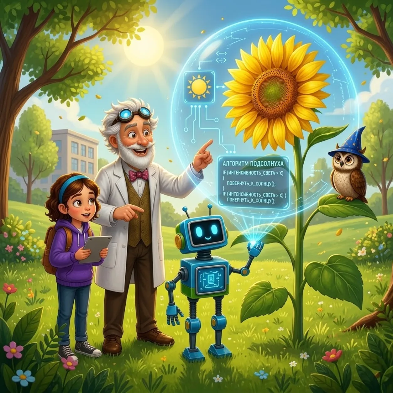 Sunflower and heliotropism: the Professor, Alice and Byte