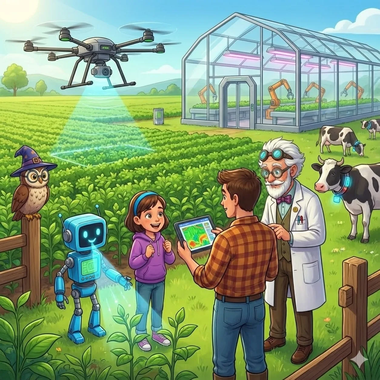 A smart farm: a drone over a field, sensors and a tablet with data