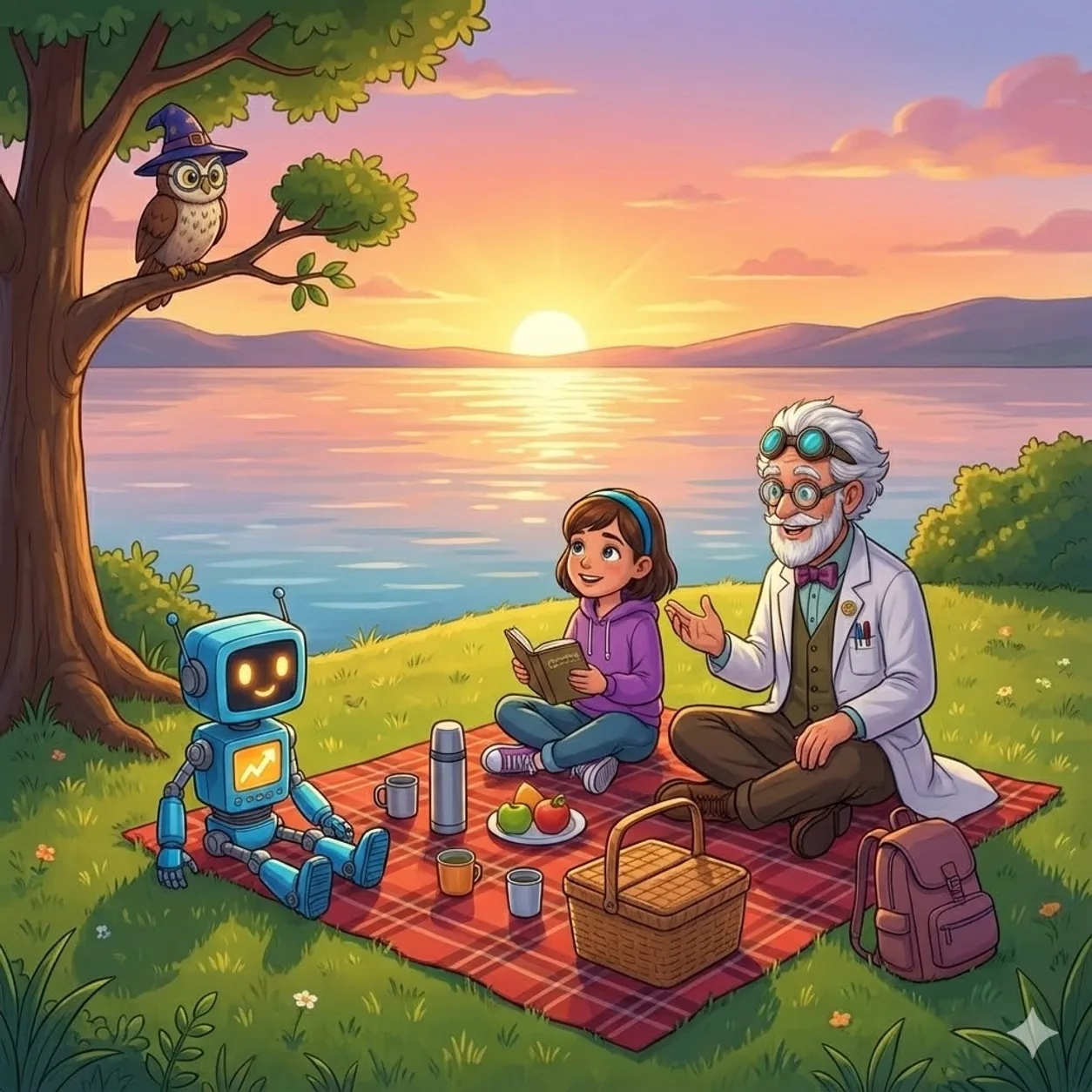 Picnic by the lake: the Professor, Alice, Byte and Logic at sunset