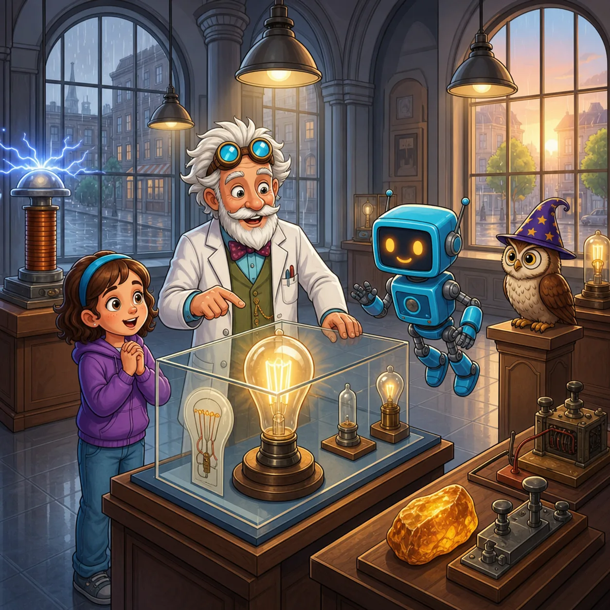 Electricity museum: an incandescent lamp, amber and a telegraph