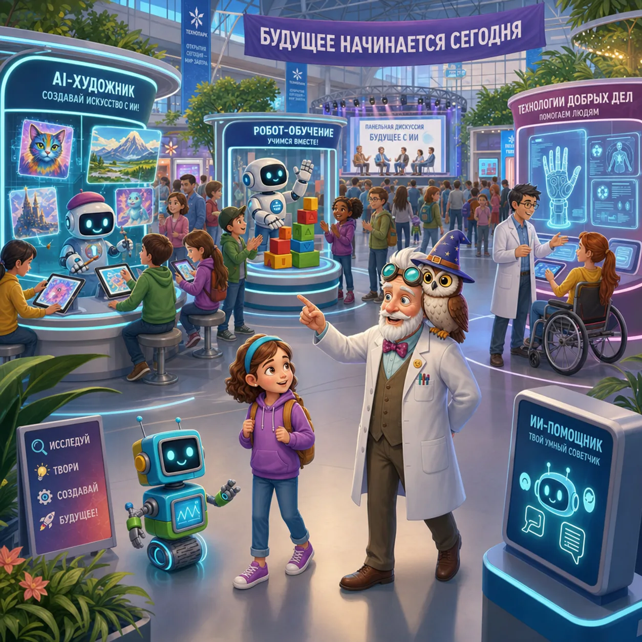 Tech park: AI stands — art, robots, medicine; “The future starts today”