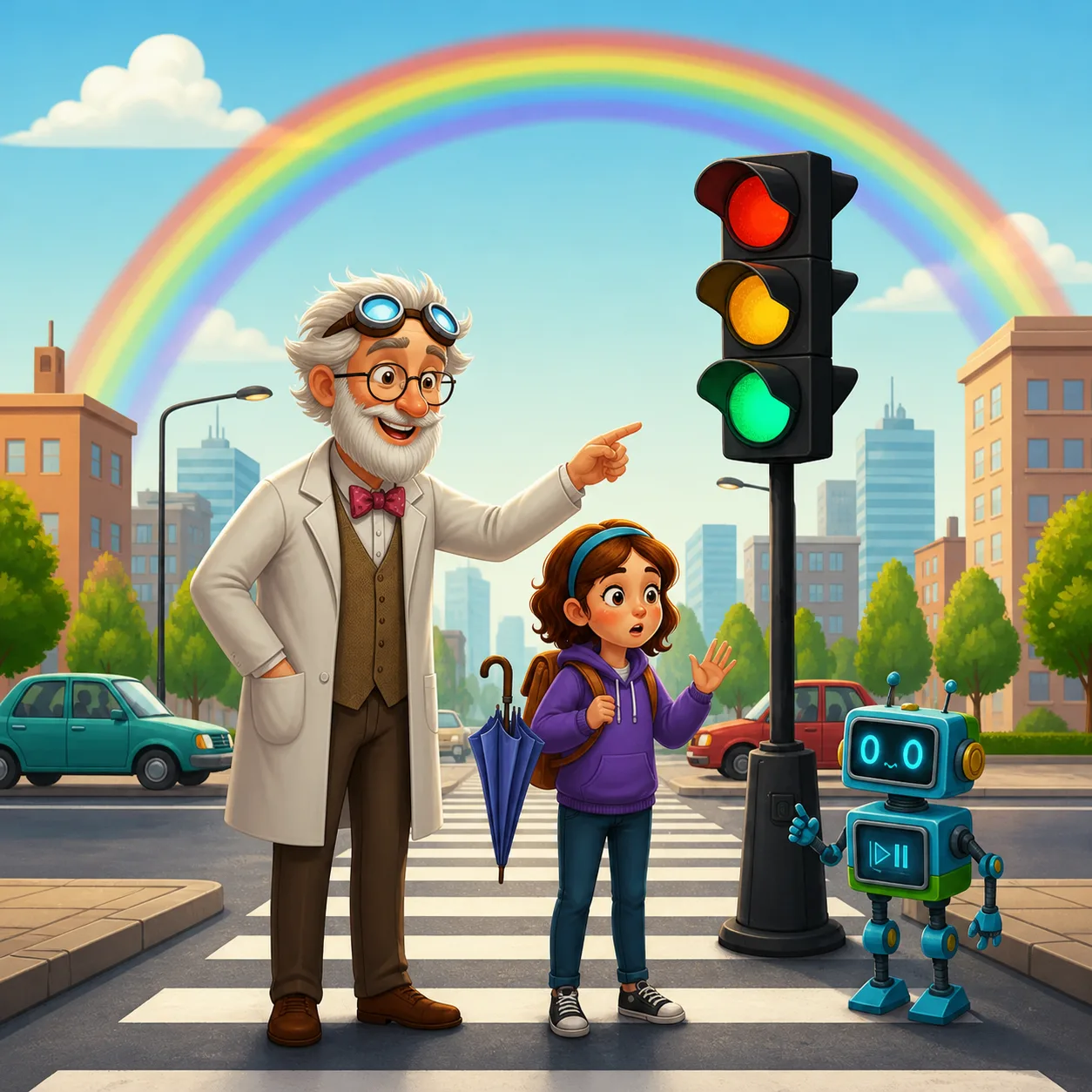 Alice, the Professor and Byte at a crosswalk — the light turns green