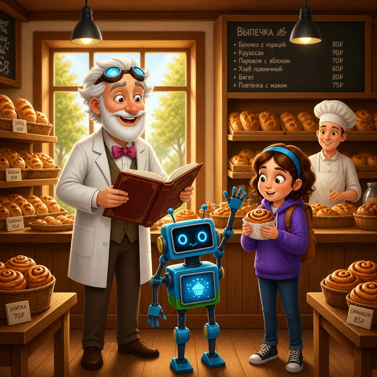 In the bakery: the Professor with a recipe book, Alice with a bun, Byte explaining an algorithm