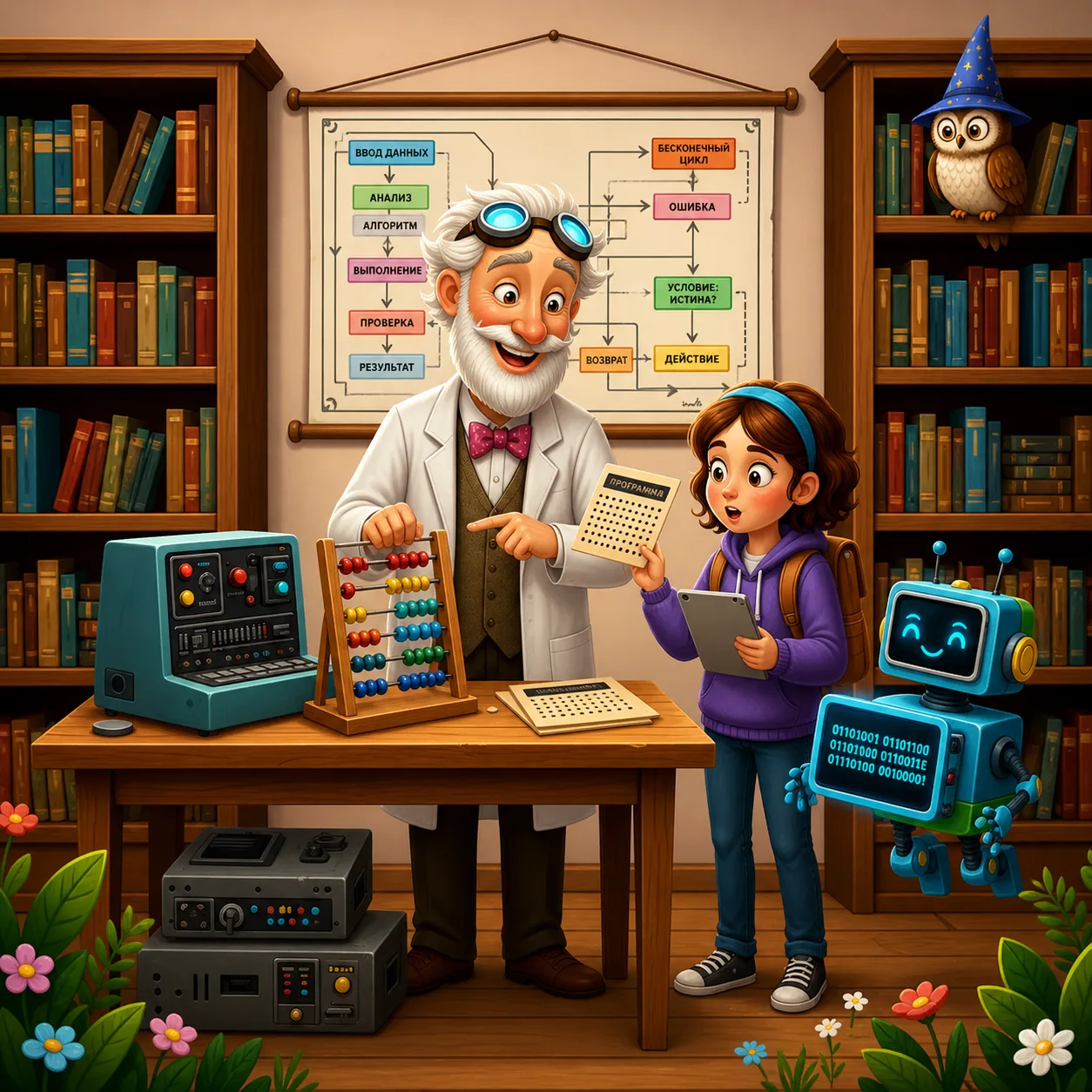 Computing museum: abacus, punch cards and Byte with binary code